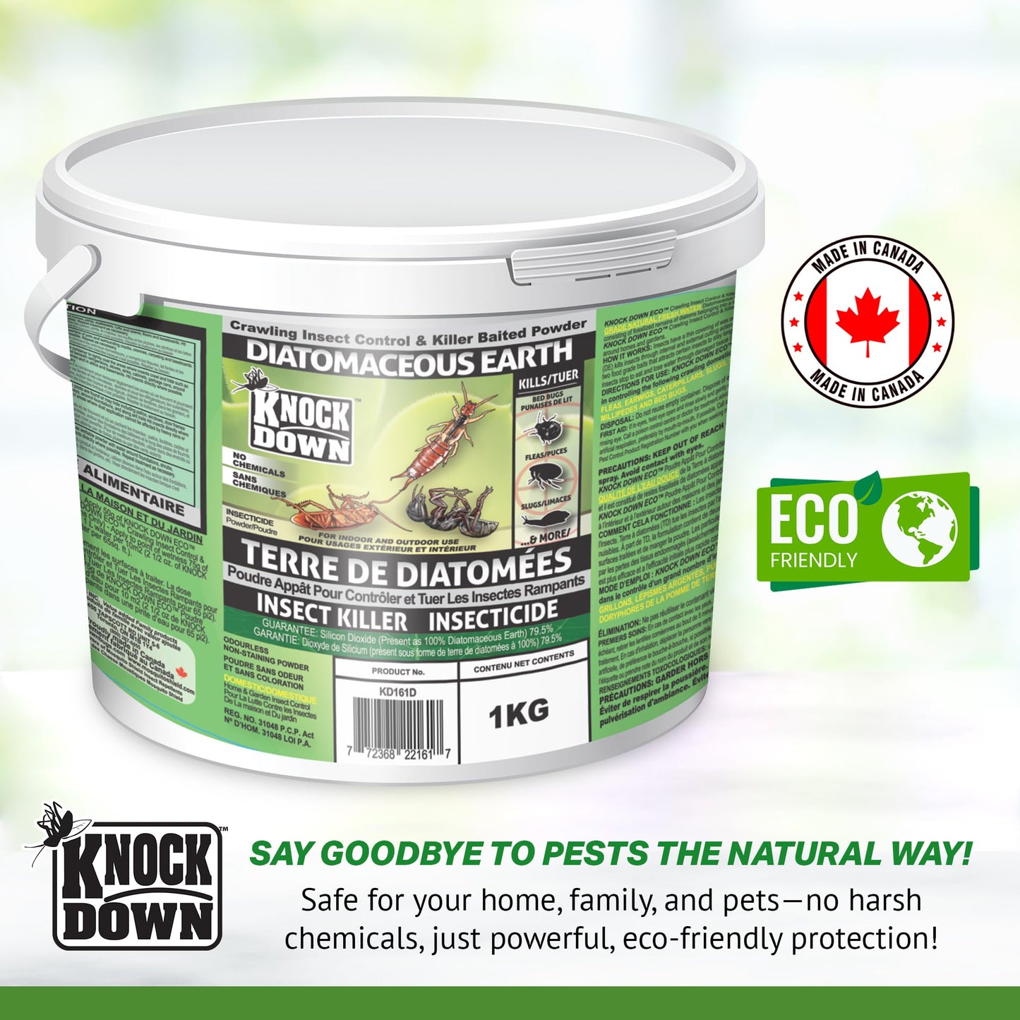 KNOCK DOWN - Diatomaceous Earth Insect Killer, Cockroach, Flea, Ant, Silverfish, Bed Bug Killer for Indoor and Outdoor Use, Food Grade Diatomaceous Earth Powder with Bait, 1kg Pail