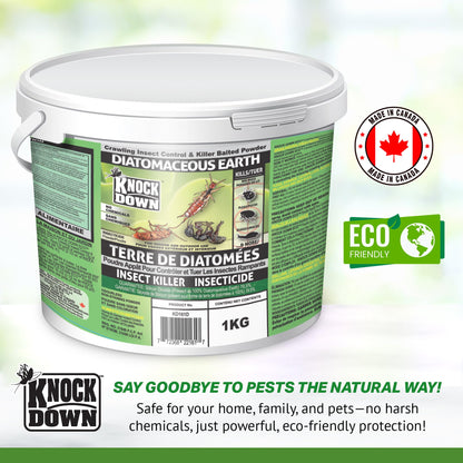 KNOCK DOWN - Diatomaceous Earth Insect Killer, Cockroach, Flea, Ant, Silverfish, Bed Bug Killer for Indoor and Outdoor Use, Food Grade Diatomaceous Earth Powder with Bait, 1kg Pail