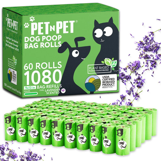 Pet N Pet Dog Poop Bags - USDA Certified 41% Plant-Based Doggy Poop Bags - Leak-Proof Sac Caca Chien Refill Rolls (1080 Count, Lavender Scented, Green)