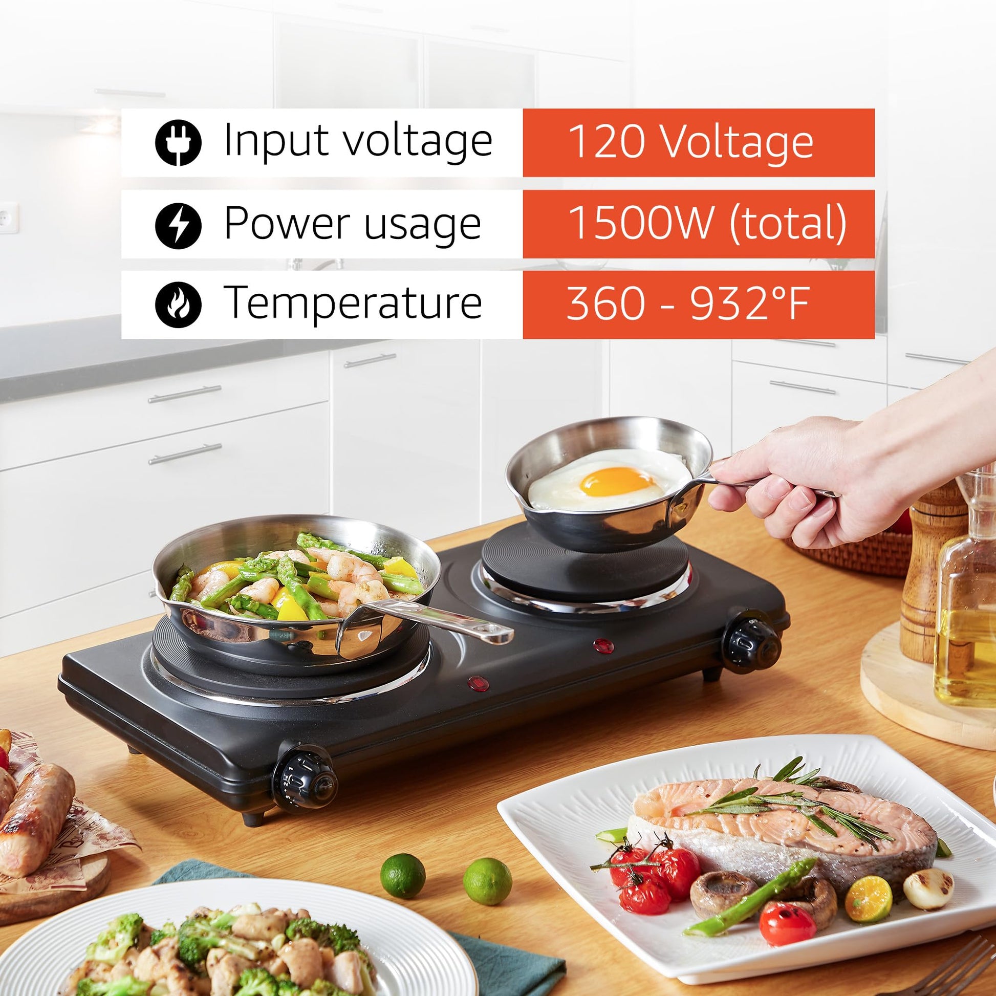 Elite Gourmet EDB-302BF# Countertop Double Cast Iron Burner, 1500 Watts Electric Hot Plate, Temperature Controls, Power Indicator Lights, Easy to Clean, Black - Available at All In One Marketplace Canada