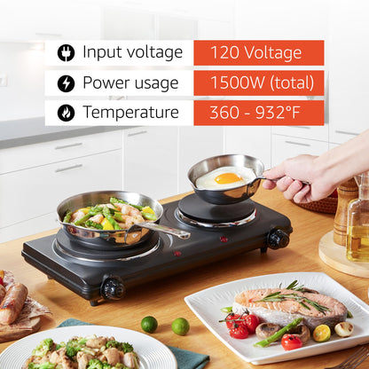 Elite Gourmet EDB-302BF# Countertop Double Cast Iron Burner, 1500 Watts Electric Hot Plate, Temperature Controls, Power Indicator Lights, Easy to Clean, Black - Available at All In One Marketplace Canada