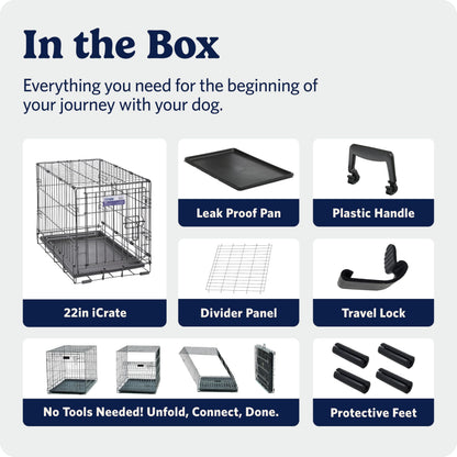 MidWest Homes for Pets 22-Inch iCrate for Extra-Small Breeds, Up to 15 lbs, Single Door Folding Dog Crate with Divider Panel, Leak-Proof Tray & Secure Latch, Portable, Durable & Easy to Assemble MidWest Homes for Pets