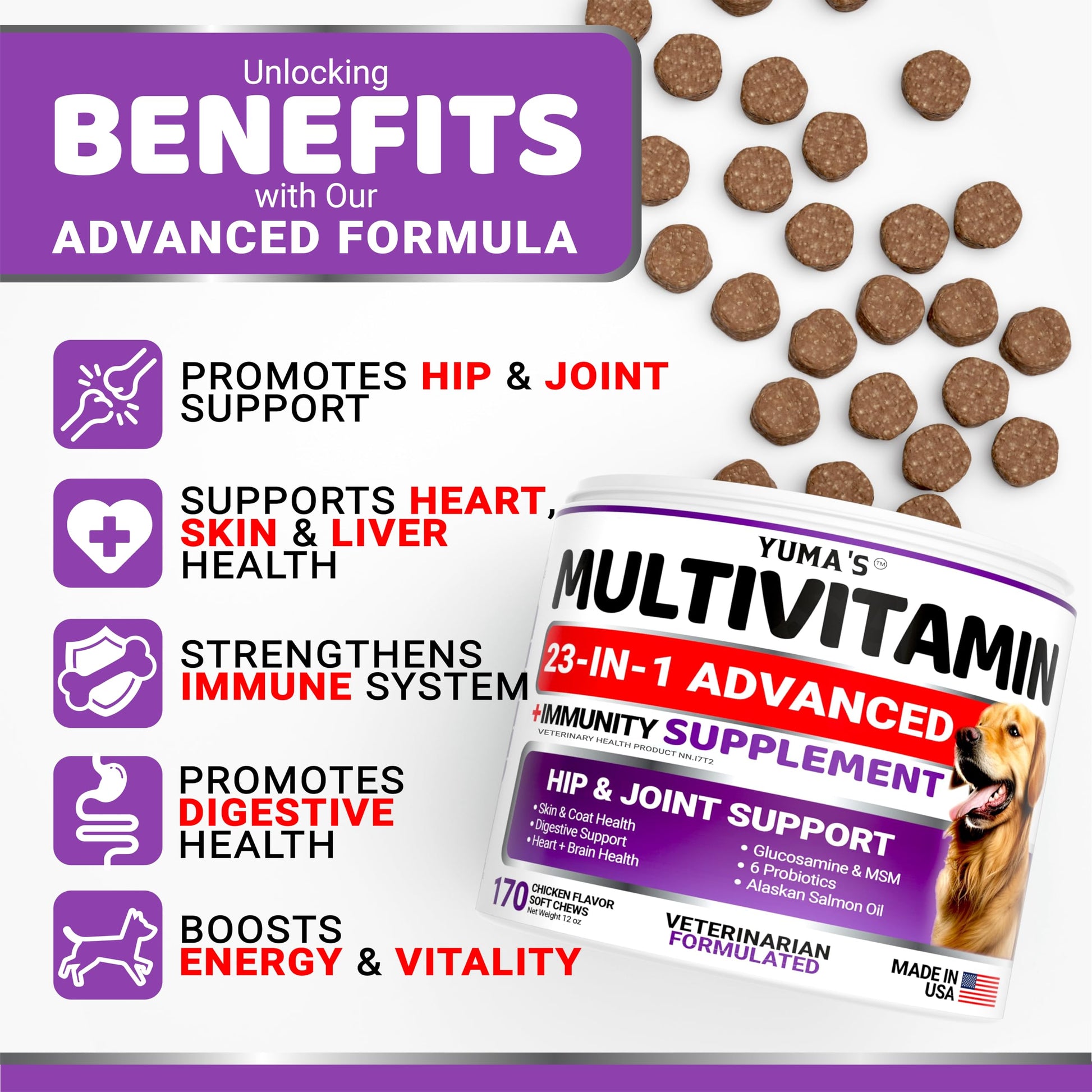 Dog Multivitamin Chewable with Glucosamine - 170 Chews - Dog Vitamins and Supplements 23 in 1 - Senior & Puppy Multivitamin for Dogs - Hip & Joint Support - Immune Health, Skin, Digestion