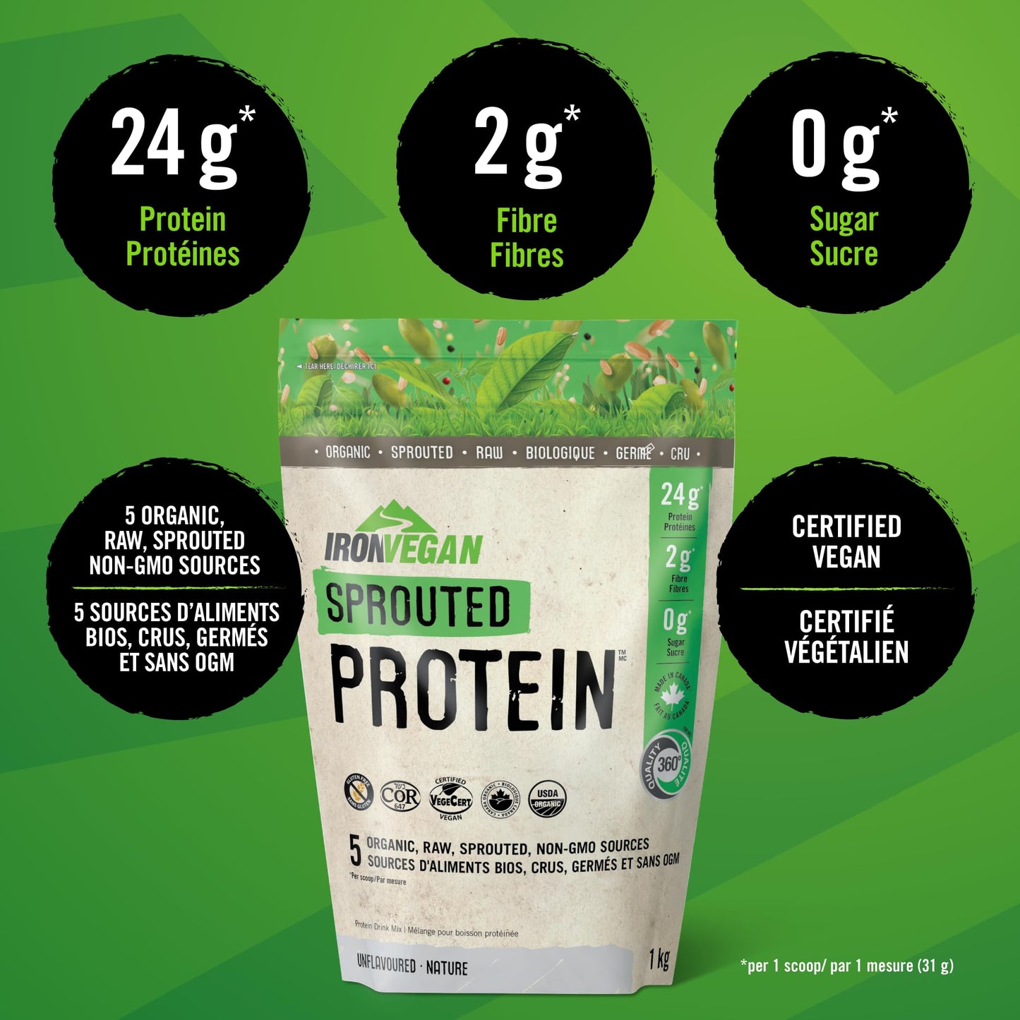 Sprouted Protein, Unflavoured, 1kg | Vegan, plant-based, organic, gluten-free, Beige IRONVEGAN
