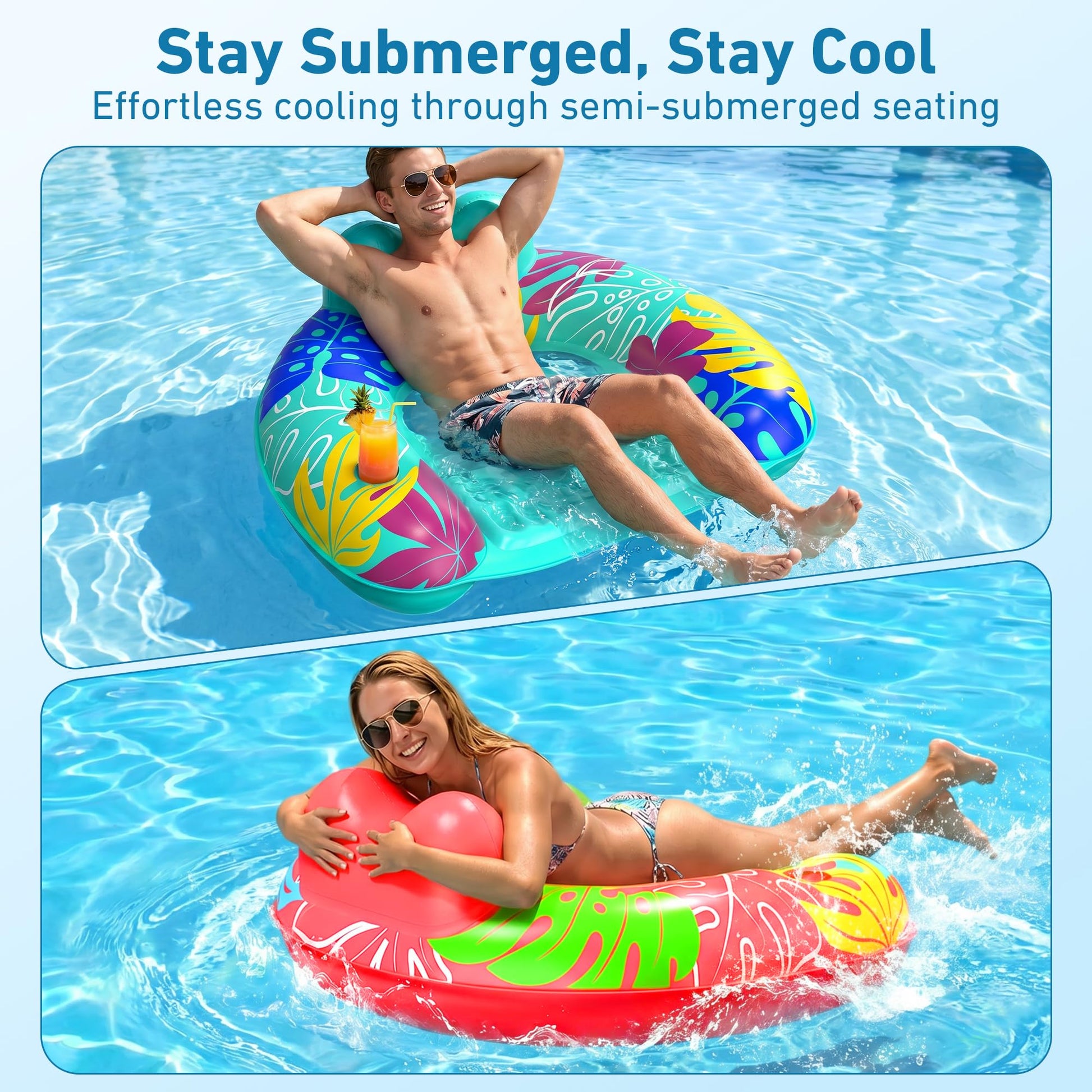 SEETOHOME 3 Pack Pool Floaties for Adults, Inflatable Pool Float Chair Adult Size with Backrest & Cup Holder Floating Pool Chair Floaties for Adults Beaches, Lakes, Rivers, Parties Water Fun