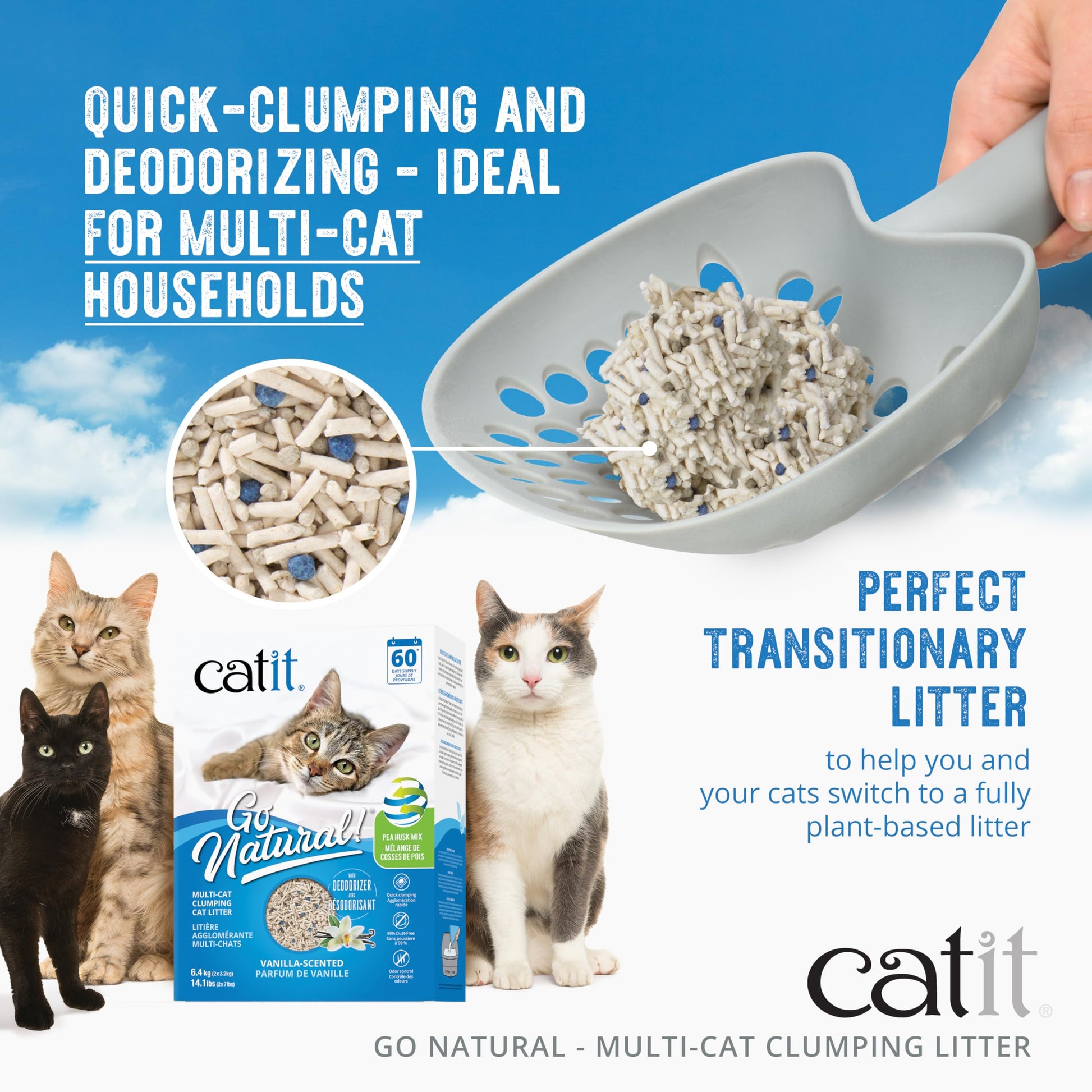 Catit Go Natural Pea Husk Multi-Cat Clumping Cat Litter, Vanilla, 6.4 kg, Dust Free & Lightweight Cat Litter, Cat Liter, Cat Litter Clumping, Bentonite Clay