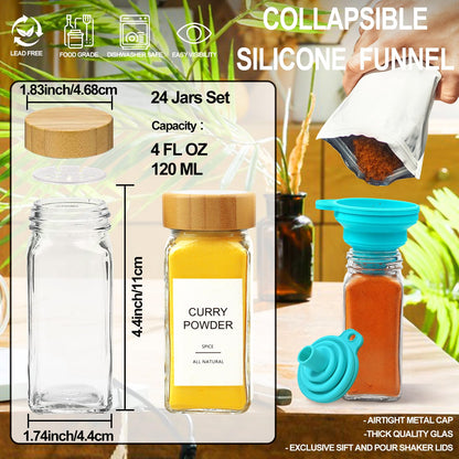 AISIPRIN 24 Pcs Glass Spice Jars with Bamboo Airtight Lids and 398 Labels, 4oz Empty Square Containers Seasoning Storage Bottles - Shaker Lids, Funnel, Brush and Marker Included
