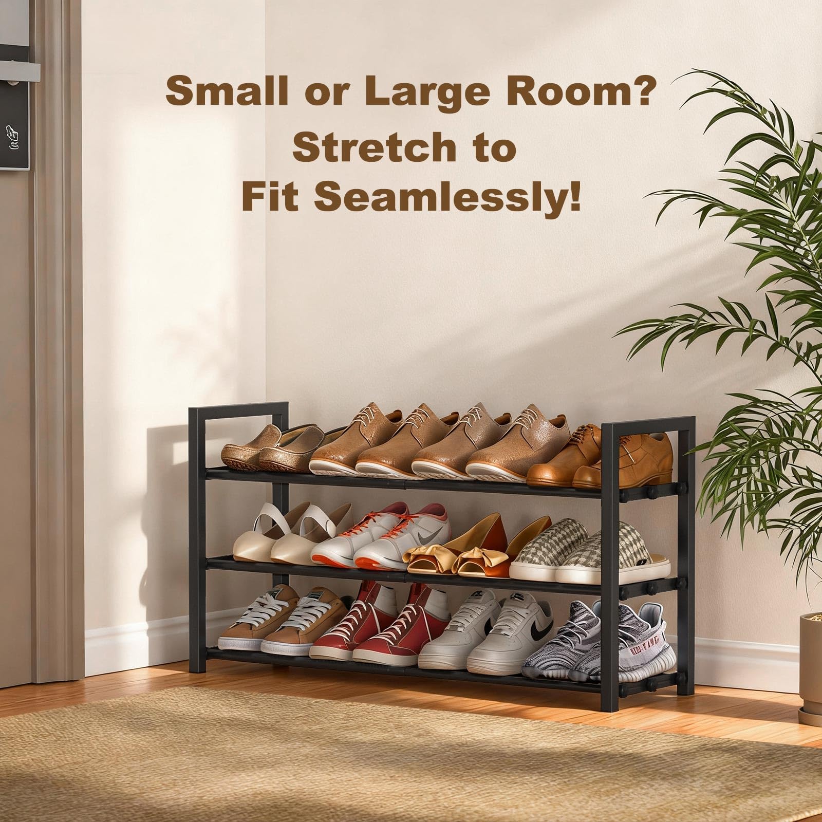 Roylvan 3-Tire Expandable Shoe Rack, 17"-31" Adjustable Stackable Free Standing Shoe Shelf Storage Fits 6-12 Pairs Shoes, Heavy Duty Reinforced Metal Shoes Organizer for Closet Entryway Doorway Dorm - Available at All In One Marketplace Canada