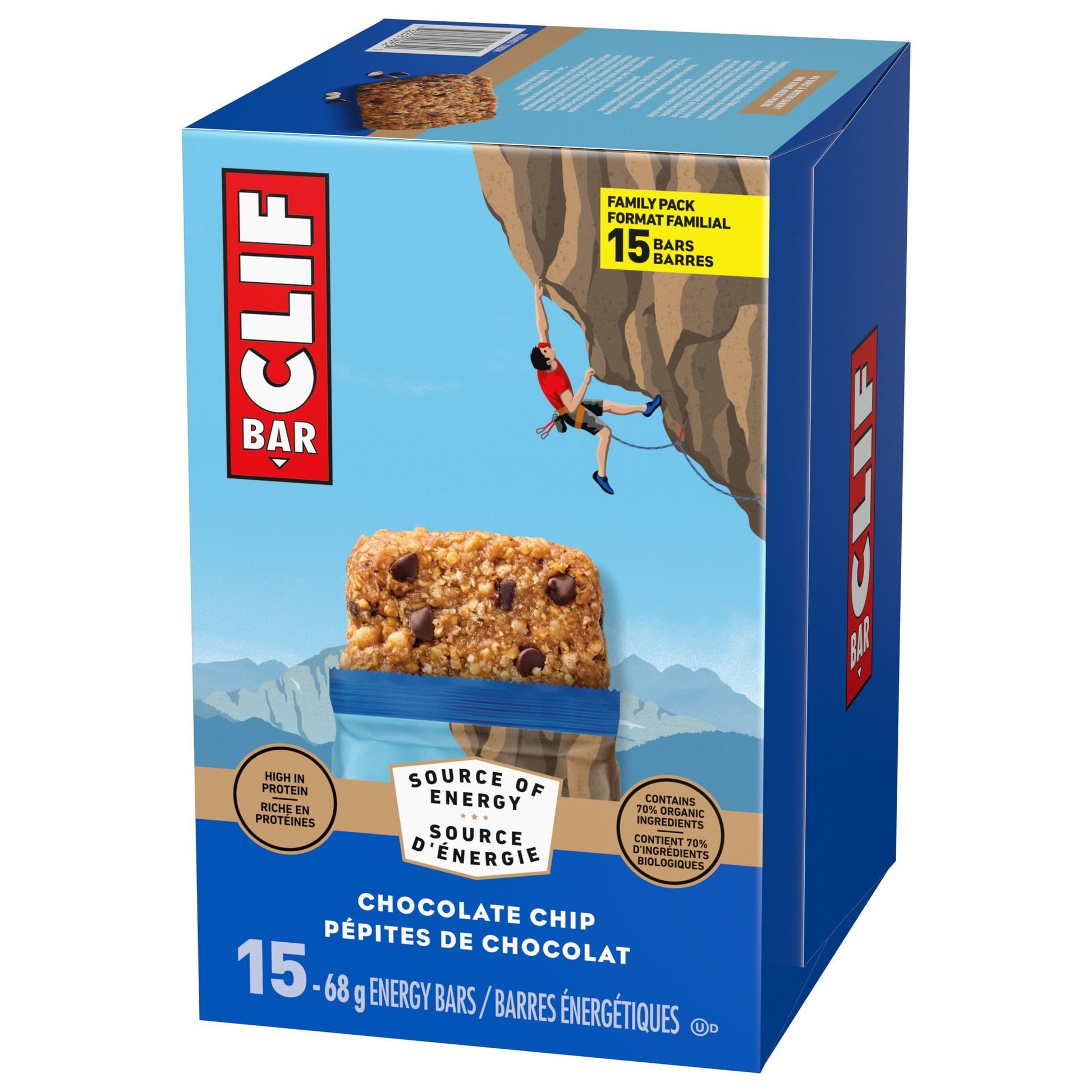CLIF BAR Chocolate Chip Energy Bars - High Protein, 70% Organic, 15-Count Pack (1.02 kg)