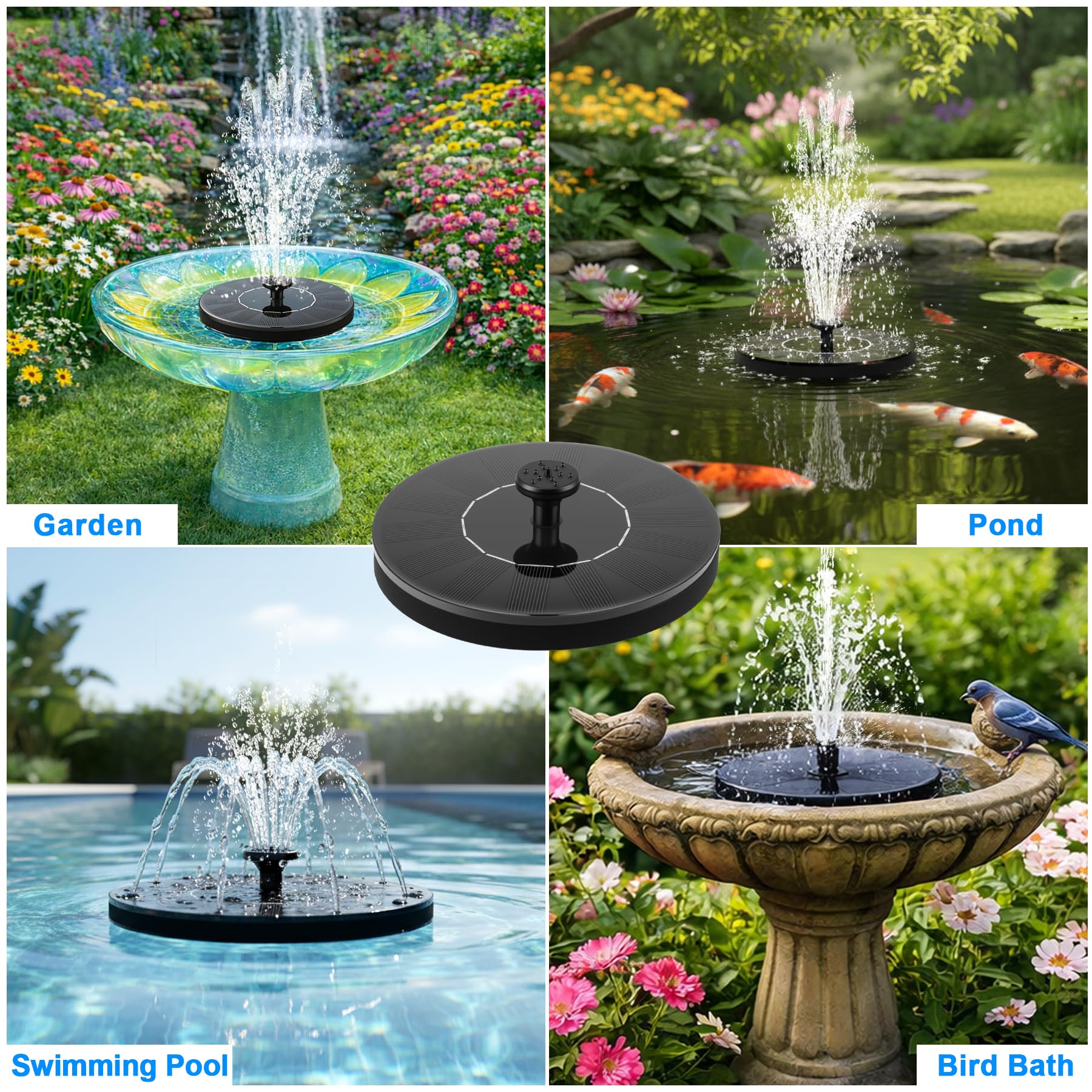 FYDGTPI Solar Fountain, Floating Solar Water Pump with 6 Nozzles & 4 Fixed Pipes, Solar Fountain for Bird Bath, Garden, Pond, Pool