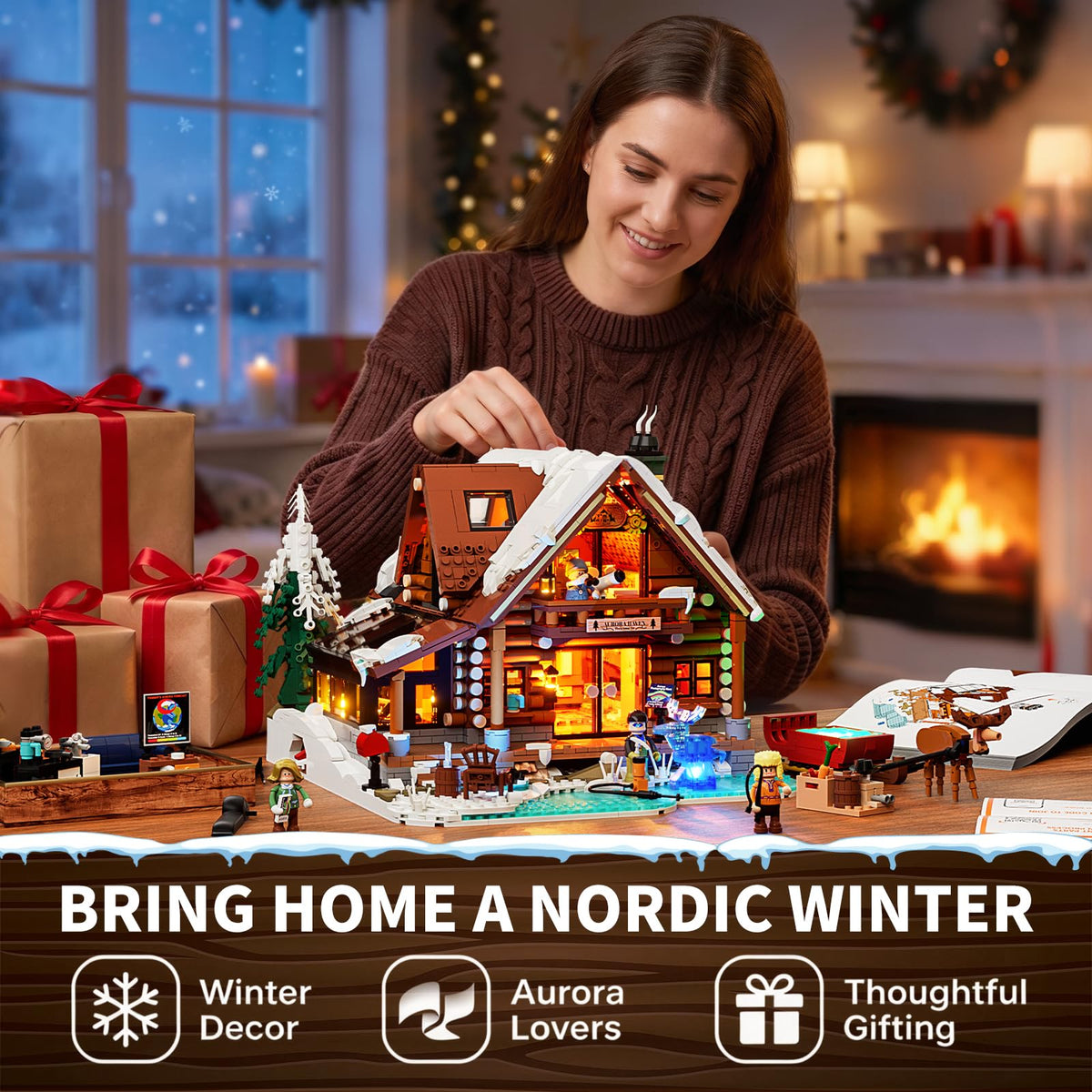 LUMIBRICKS Aurora-Cabin Christmas Lighting-Building-Bricks Set - 2425 Pcs Retro House Winter Lodge LED Light Construction Building Christmas Village Model Set for Adults and Families 🍁 All In One Marketplace Canada