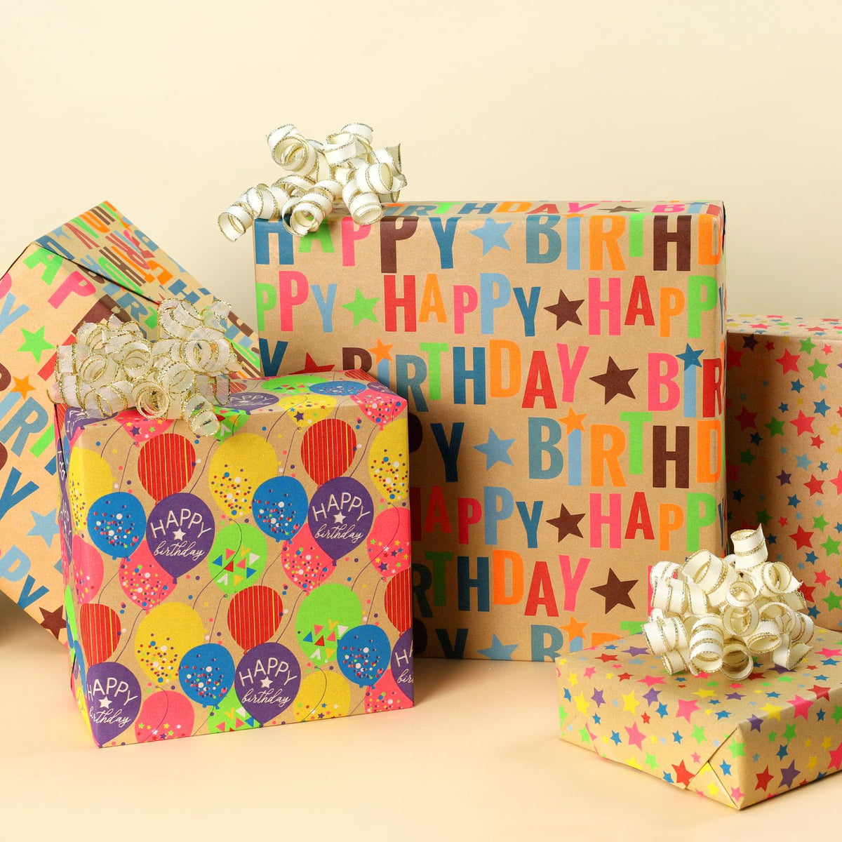 BIOBROWN Kraft Birthday Wrapping Paper 3 Rolls, Colorful Balloons & Star 🍁 All In One Marketplace Canada