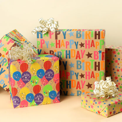 BIOBROWN Kraft Birthday Wrapping Paper 3 Rolls, Colorful Balloons & Star 🍁 All In One Marketplace Canada