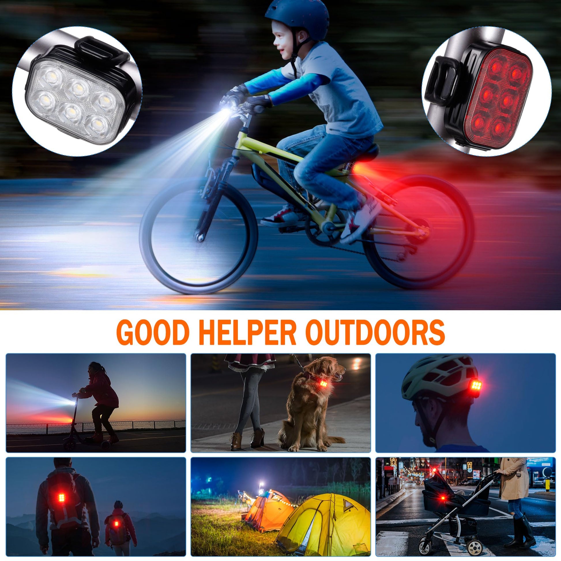 Bike Lights, Combination of Bike Front Light and Tail Light, IP65 Waterproof USB Charging, Equipped with 6 Ultra-Bright LED Beads, 4+6 Lighting Modes, Suitable for Riding at Night