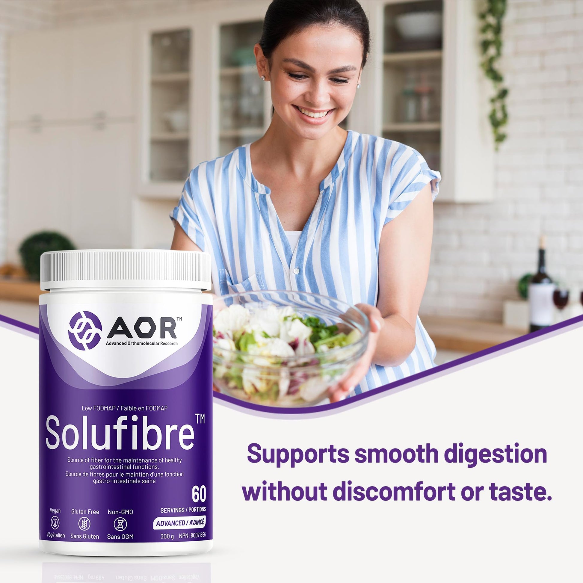 AOR - SoluFibre Powder, 300g 60-Servings - Partially Hydrolyzed Guar Gum Sunfiber for Digestive Comfort & Regularity - Vegan, Non-GMO & Gluten-Free - Gentle Prebiotic Fiber Supplement - Soluble Fiber - Available at All In One Marketplace Canada