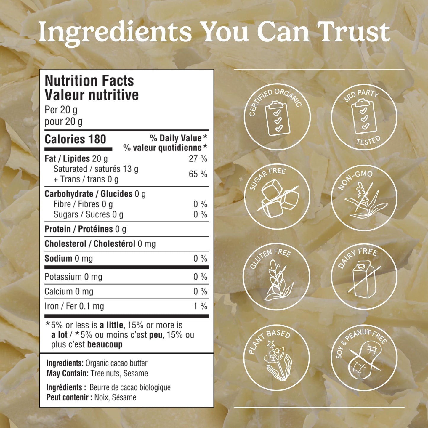 Organic Traditions Food Grade Cacao Butter, Baking Ingredient, 16oz Bag Organic Traditions