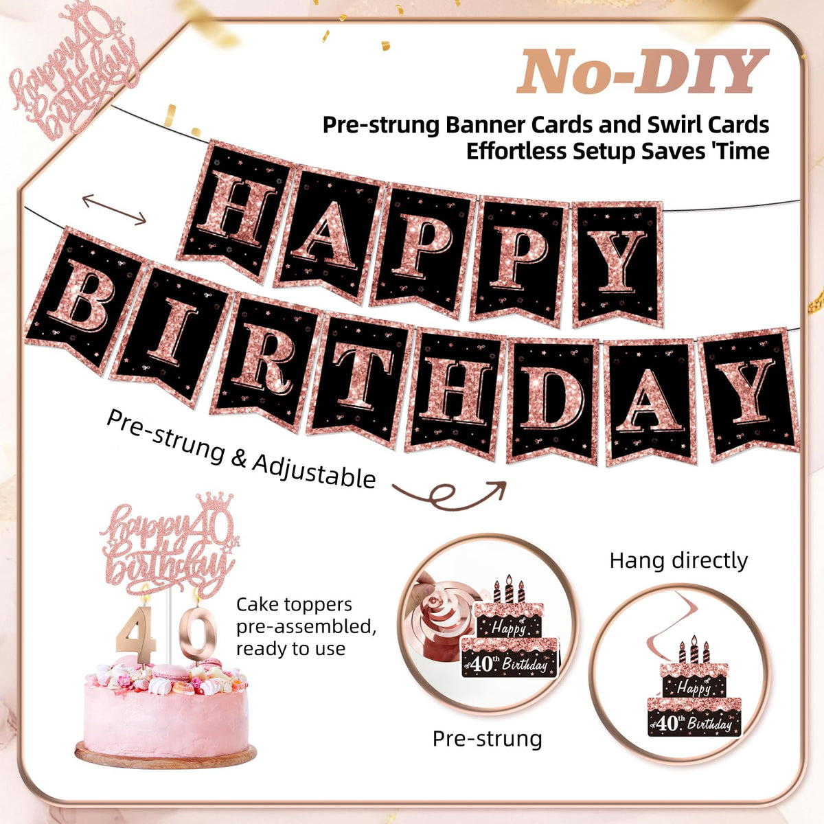 50Pcs 40th Birthday Decorations for Women,Rose Gold Black Pre-Assembled Set 🍁 All In One Marketplace Canada