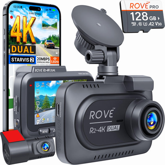 ROVE R2-4K DUAL Dash Cam Front and Rear, STARVIS 2 Sensor, FREE 128GB Card Included, 5G WiFi - up to 20MB/s Fastest Download Speed with App, 4K 2160P/FHD Dash Camera for Cars, 3" IPS, 24H Parking Mode - Available at All In One Marketplace Canada