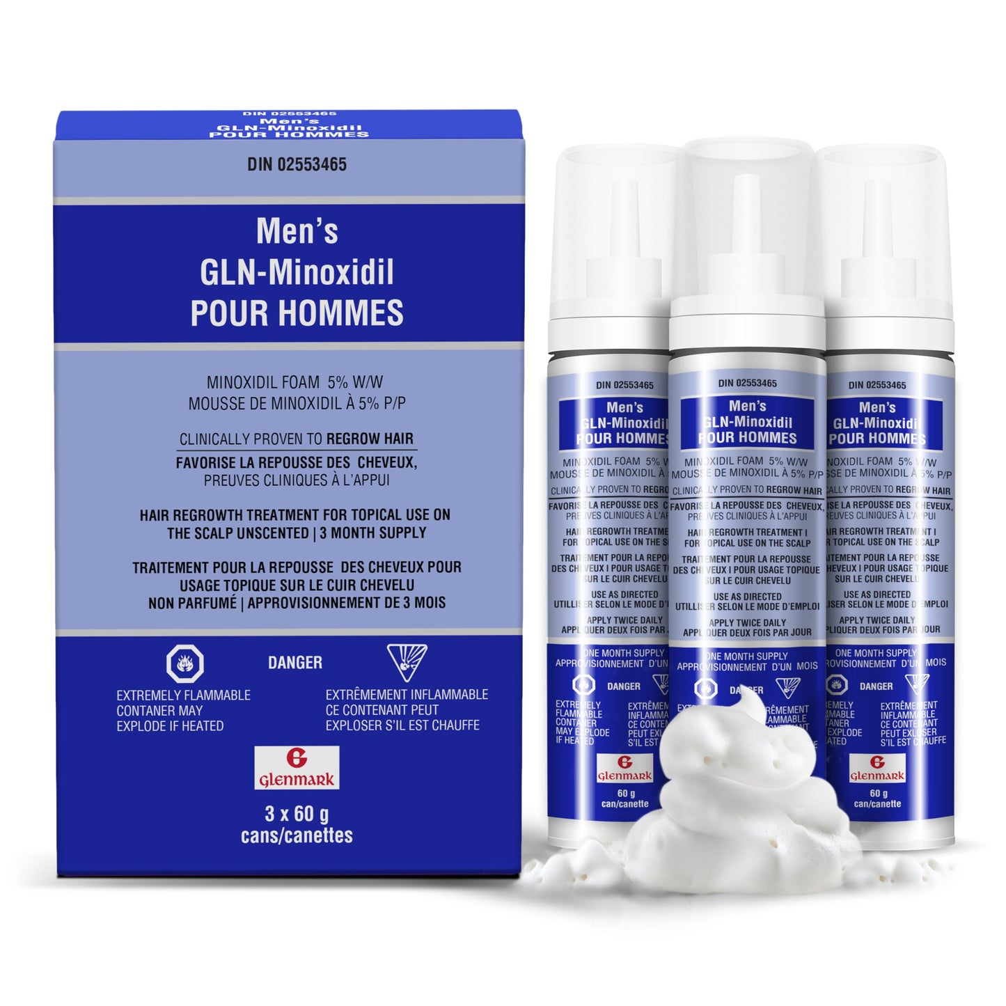 Glenmark | Minoxidil 5% Hair Regrowth Foam for Men, Aerosol Can, 3 Month Treatment (180 gr) – Mess-Free, Fast-Drying Formula for Thinning Hair & Hair Loss – Reactivates Follicles