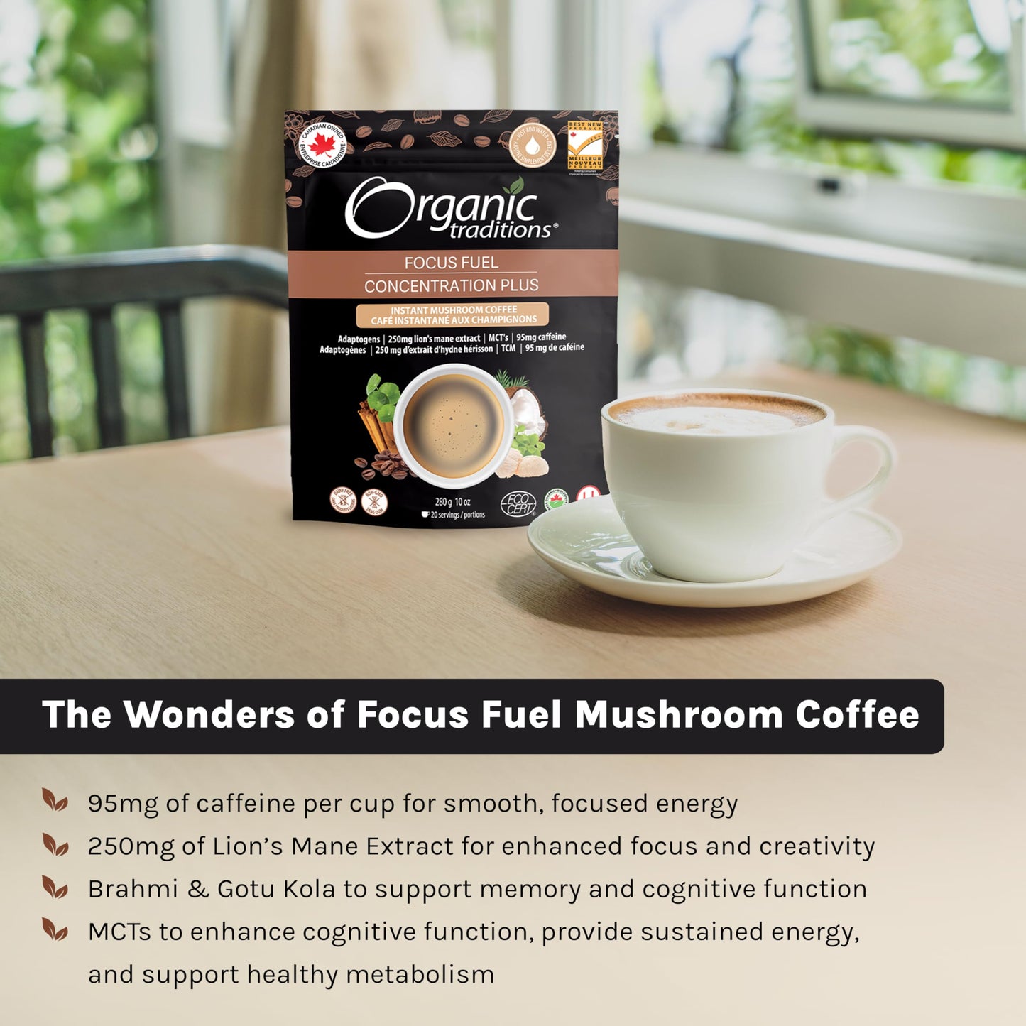 Organic Traditions Focus Fuel Mushroom Coffee – Lion's Mane, MCT Oil & Adaptogens, Dairy-Free Instant Blend, 280g