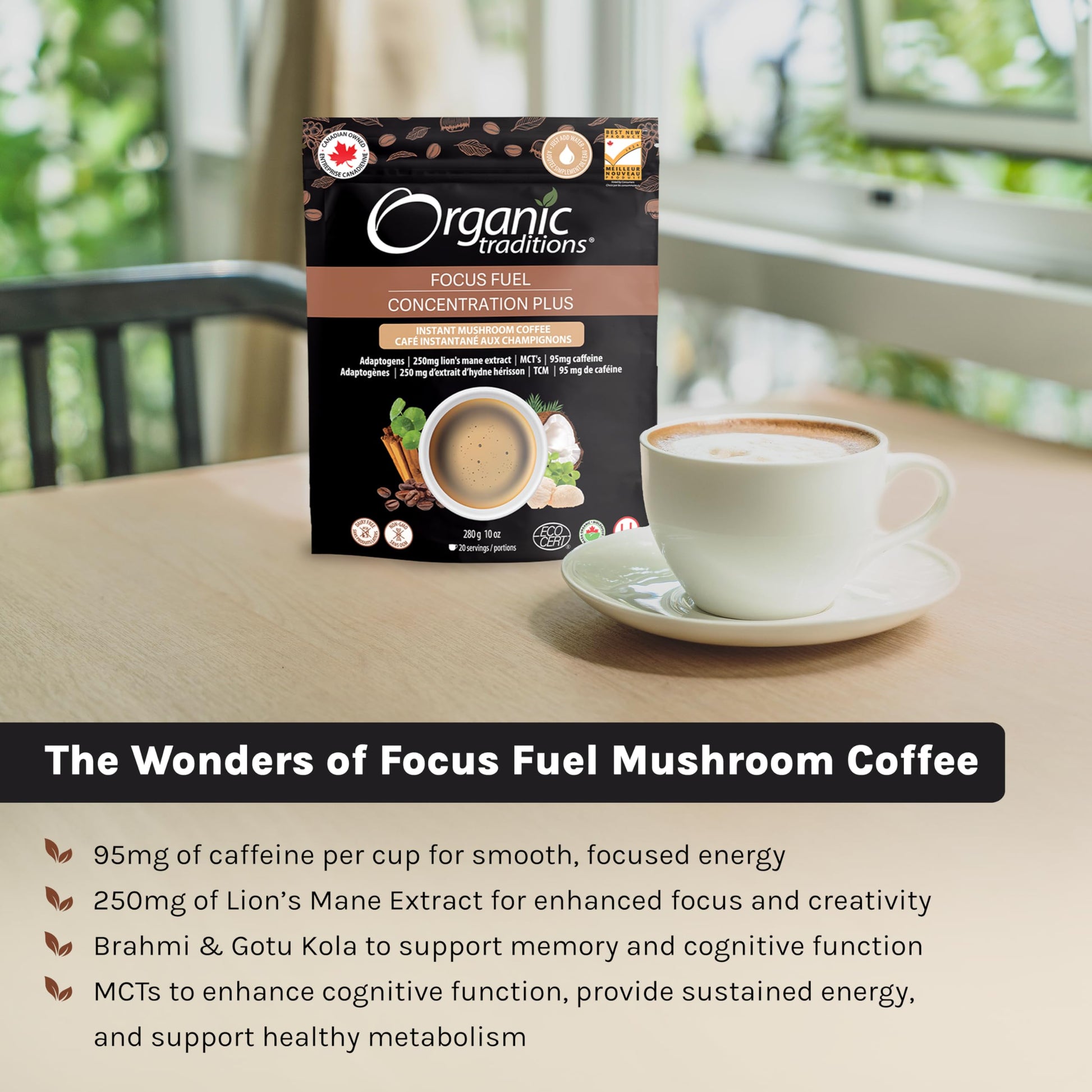 Organic Traditions Focus Fuel Mushroom Coffee – Lion's Mane, MCT Oil & Adaptogens, Dairy-Free Instant Blend, 280g