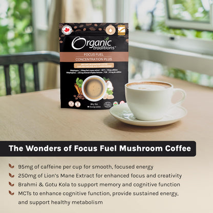 Organic Traditions Focus Fuel Mushroom Coffee – Lion's Mane, MCT Oil & Adaptogens, Dairy-Free Instant Blend, 280g