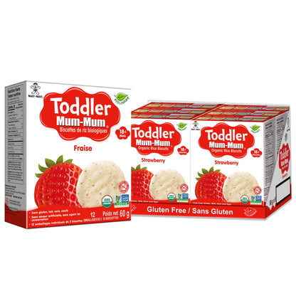 Want-Want Toddler Mum-Mum Rice Rusks, Strawberry, Gluten Free, Allergen Free, Non-GMO, Rice Teether Cookie for Teething Infants, 60gms, 24 Rusks per box - Case pack of 6 Want Want