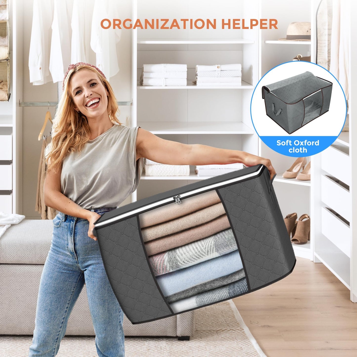 90 L Large Storage Bags, 6 Pack Clothes Storage Bins Foldable Closet Organizers and Storage Containers with Reinforced Handle for Clothing, Blanket, Comforters, Bed Sheets, Pillows and Toys (Gray) - Available at All In One Marketplace Canada