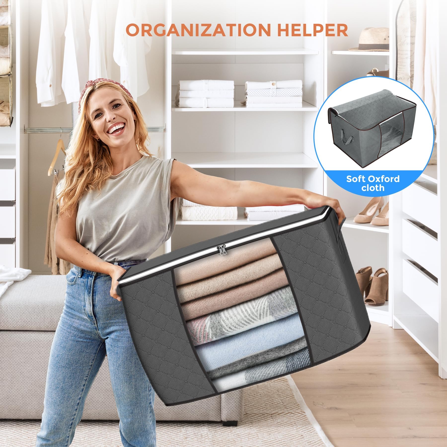 90 L Large Storage Bags, 6 Pack Clothes Storage Bins Foldable Closet Organizers and Storage Containers with Reinforced Handle for Clothing, Blanket, Comforters, Bed Sheets, Pillows and Toys (Gray) - Available at All In One Marketplace Canada