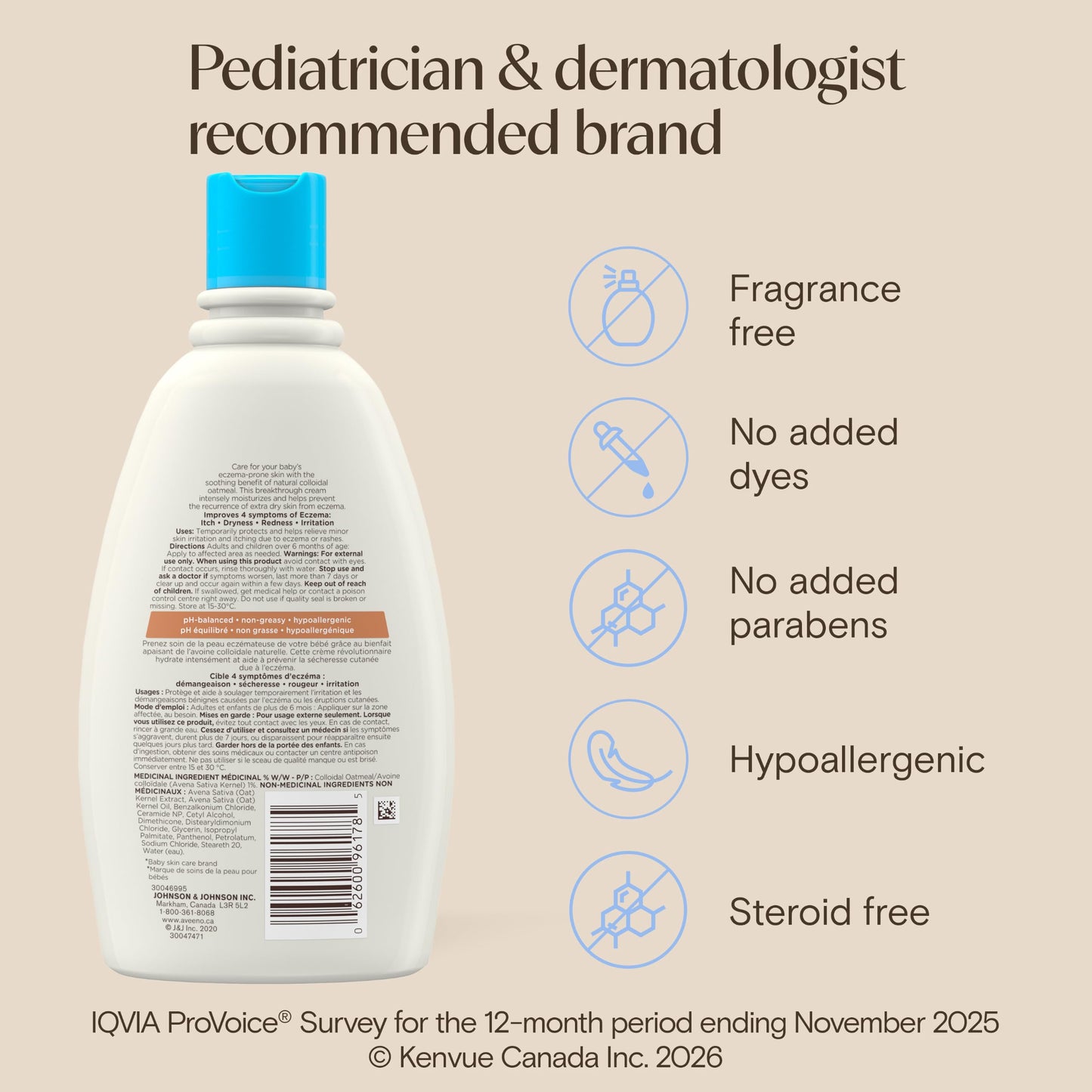 Aveeno Baby Eczema Care Daily Moisturizing Body Cream for Dry, Itchy Skin, Natural Colloidal Oat & Vitamin B5, Hypoallergenic & ph-Balanced, No Added Steroids, Phthalates, Parabens or Fragrance, 330mL