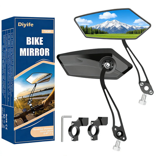 Diyife Bike Mirror, [A Pair] Aluminum HD Wide Angle Large Bicycle Rear View Mirror, 360°Adjustable Shockproof Bicycle Mirrors for Handlebar 22-25mm, Fit for Mountain Road Bike Scooter Motocycle