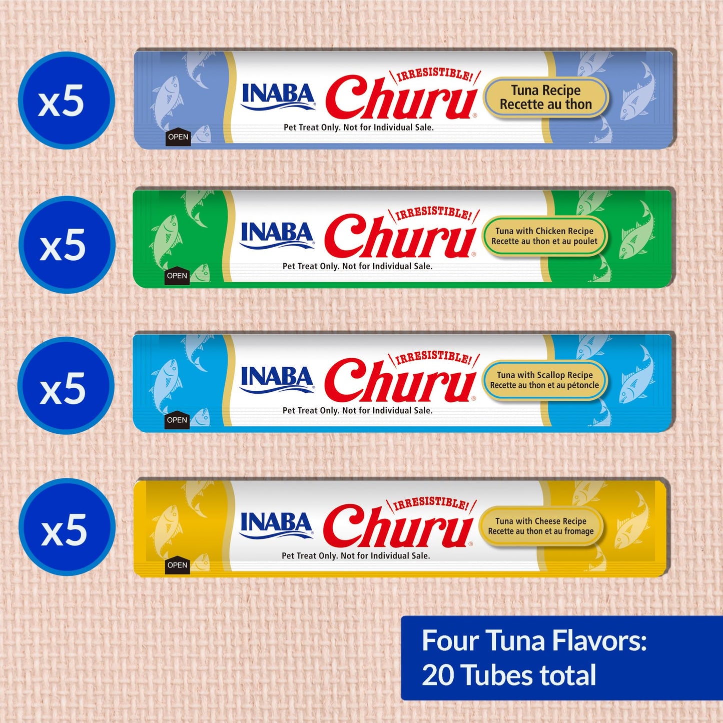INABA Churu Cat Treats, Grain-Free, Lickable, Squeezable Creamy Purée Cat Treat/Topper with Vitamin E & Taurine, 0.5 Ounces Each Tube, 20 Tubes, Tuna Variety Box