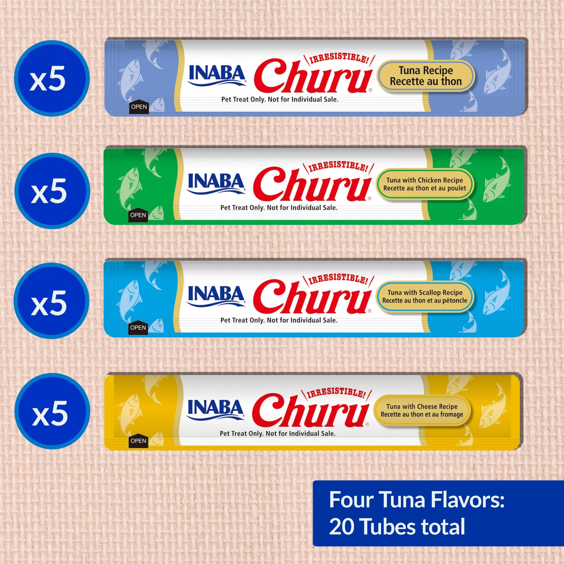 INABA Churu Cat Treats, Grain-Free, Lickable, Squeezable Creamy Purée Cat Treat/Topper with Vitamin E & Taurine, 0.5 Ounces Each Tube, 20 Tubes, Tuna Variety Box