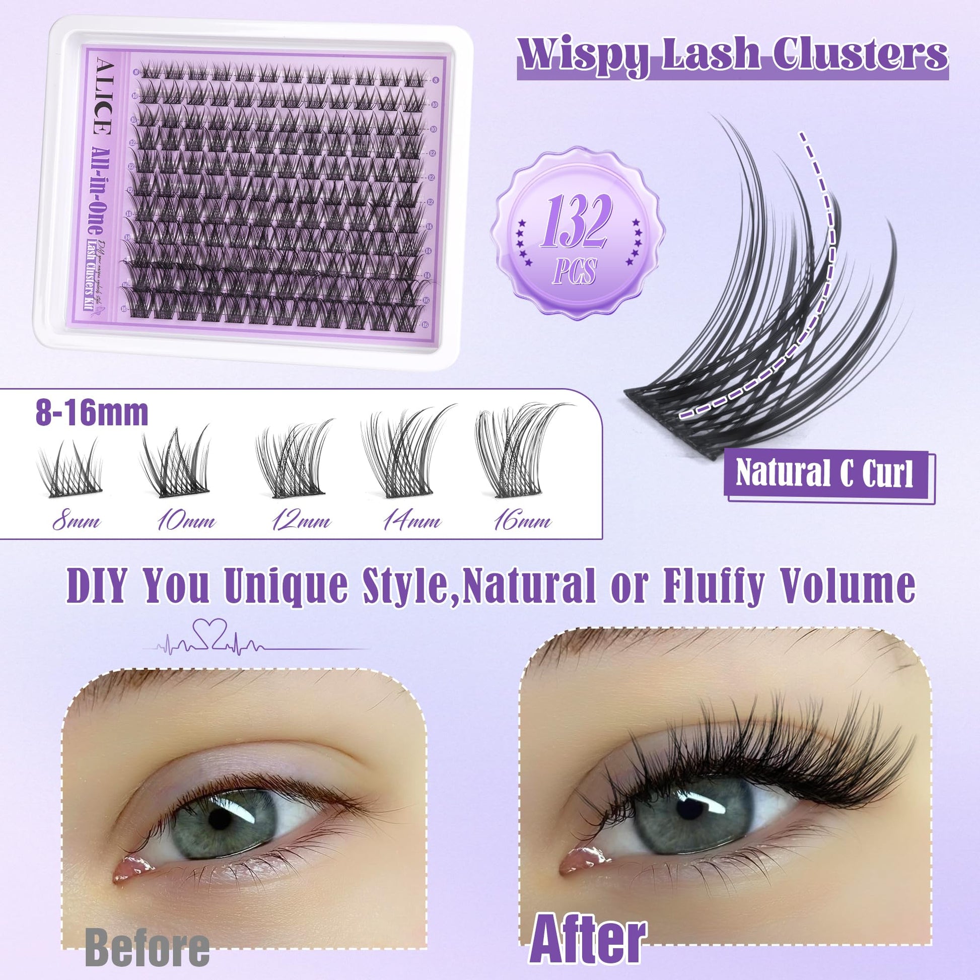 Wispy Lash Clusters Kit Natural Lash Extensions Kit DIY Cluster Eyelash Extensions C Curl 8-16mm Individual Lashes with Lash Remover Bond and Seal Soft Thin Band by ALICE - Available at All In One Marketplace Canada