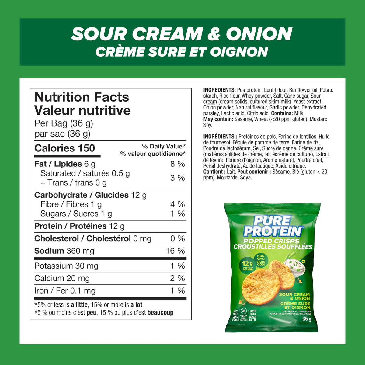 Pure Protein Popped Crisps, Sour Cream and Onion, High Protein Snack, 12 g Protein, 8 X 36 g bags