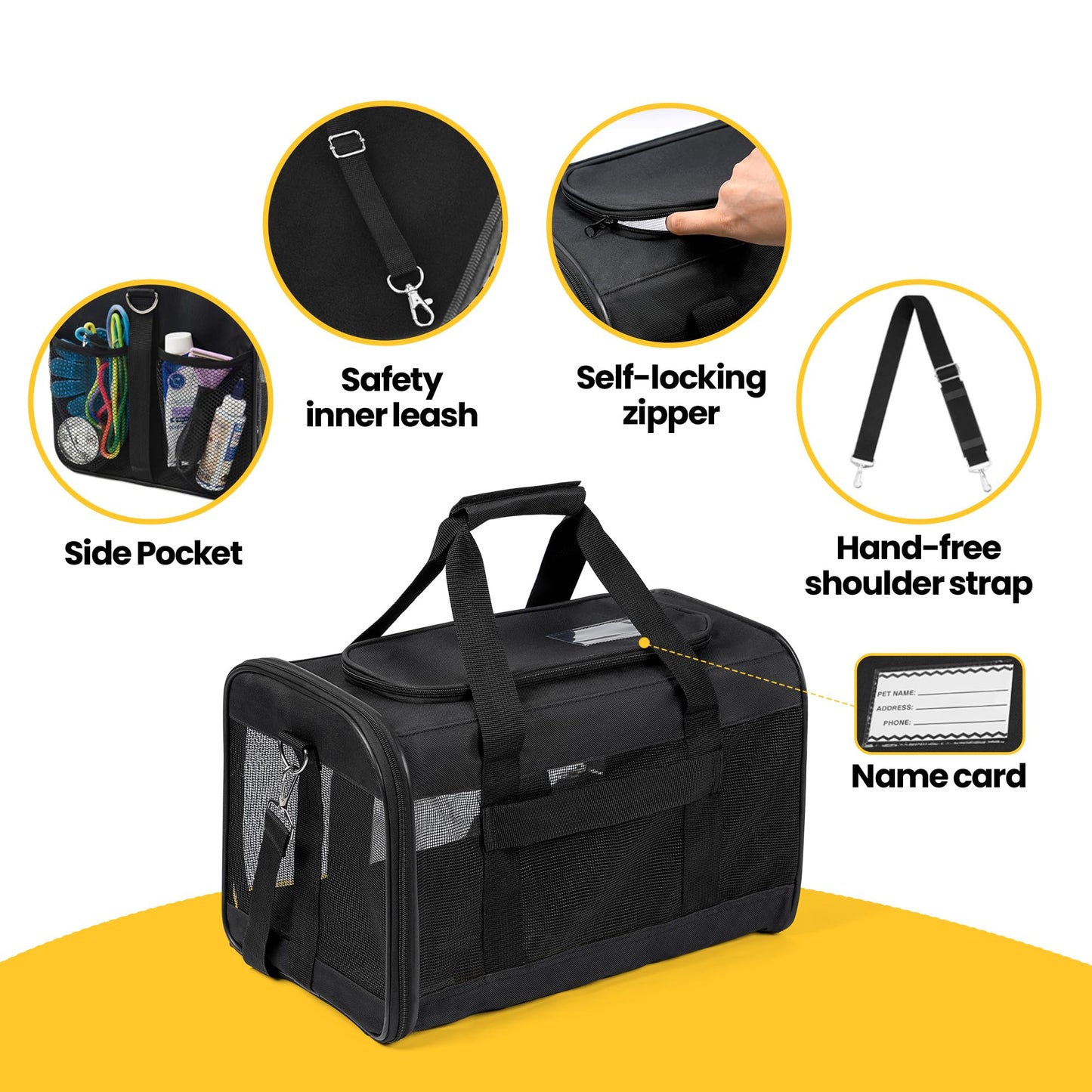 Conlun Cat Carrier Airline Approved, Soft-Sided Dog Carrier with Inner Safety Leash, Pet Transport Carrier for Small-Medium Cats Puppies up to 15 Lbs, Collapsible Travel Kitten Carrier Bag -Black M