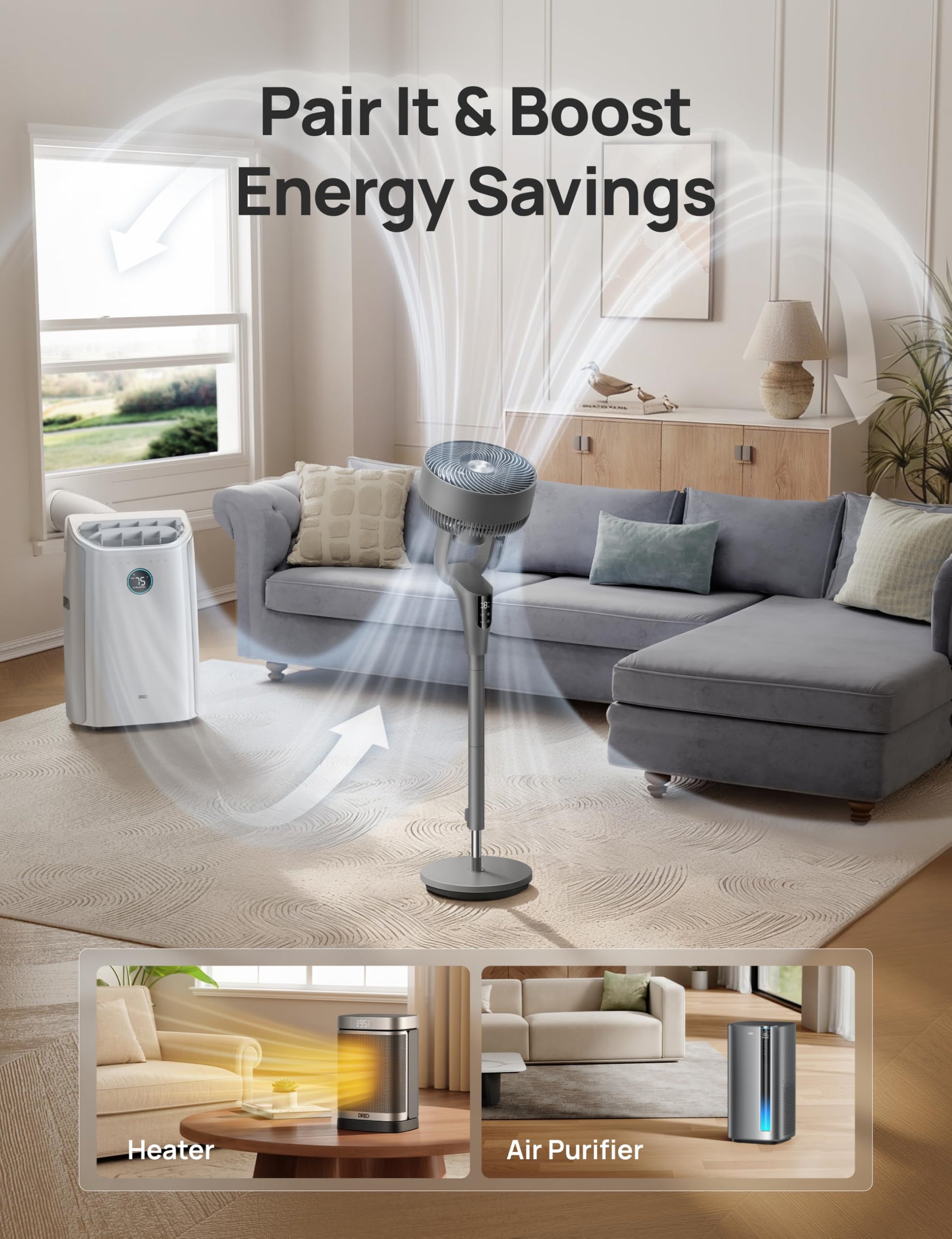 DREO Fan for Bedroom, 90° Oscillating Standing Fan, 20dB Quiet, 90ft Pedestal Fans for Room Office, DC Motor, 8+H Speeds, 3 Modes, 38-42'' Adjustable Height, Remote, 8H Timer, 105° Manual Vertical
