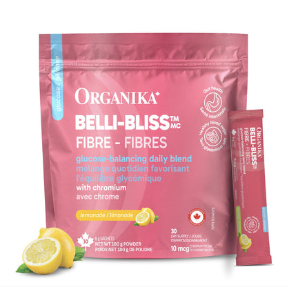 Organika Canadian-Made Belli Bliss Fibre + Glucose | High Fibre Blend, Chromium for Glucose-Balancing | Supports Digestive Health, Constipation Relief, Weight Control - Lemonade, 30 x 6g sachets