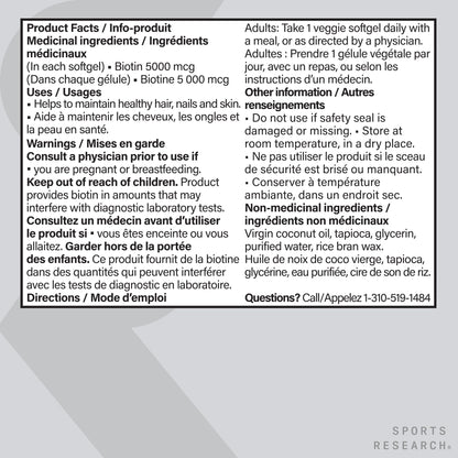 Sports Research® Extra Strength Vegan Biotin 5,000mcg with Organic Coconut Oil - Helps to Maintain Healthy Hair, Nails and Skin - Great for Women & Men - 120 Veggie Softgels - Available at All In One Marketplace Canada