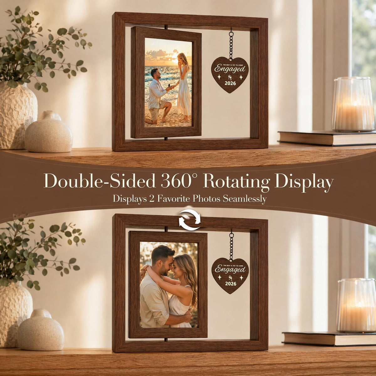 UPEOXT Engagement Gifts for Couples, Wood Rotating Picture Frame, 21.5×20.5cm, 8.46×8.07inch, Double Sided Wedding Bridal Shower Decor, Unique Engaged Fiance Gift, 2026 Christmas Ornament Photo Frame 🍁 All In One Marketplace Canada