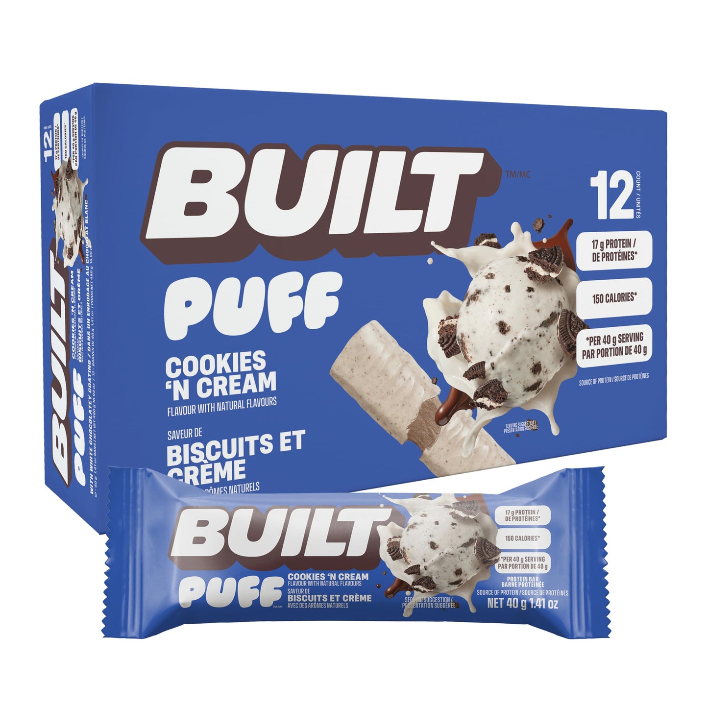 BUILT Puff Protein Bars, Cookies 'N Cream, 17g Protein - 12 Count 🍁 All In One Marketplace Canada