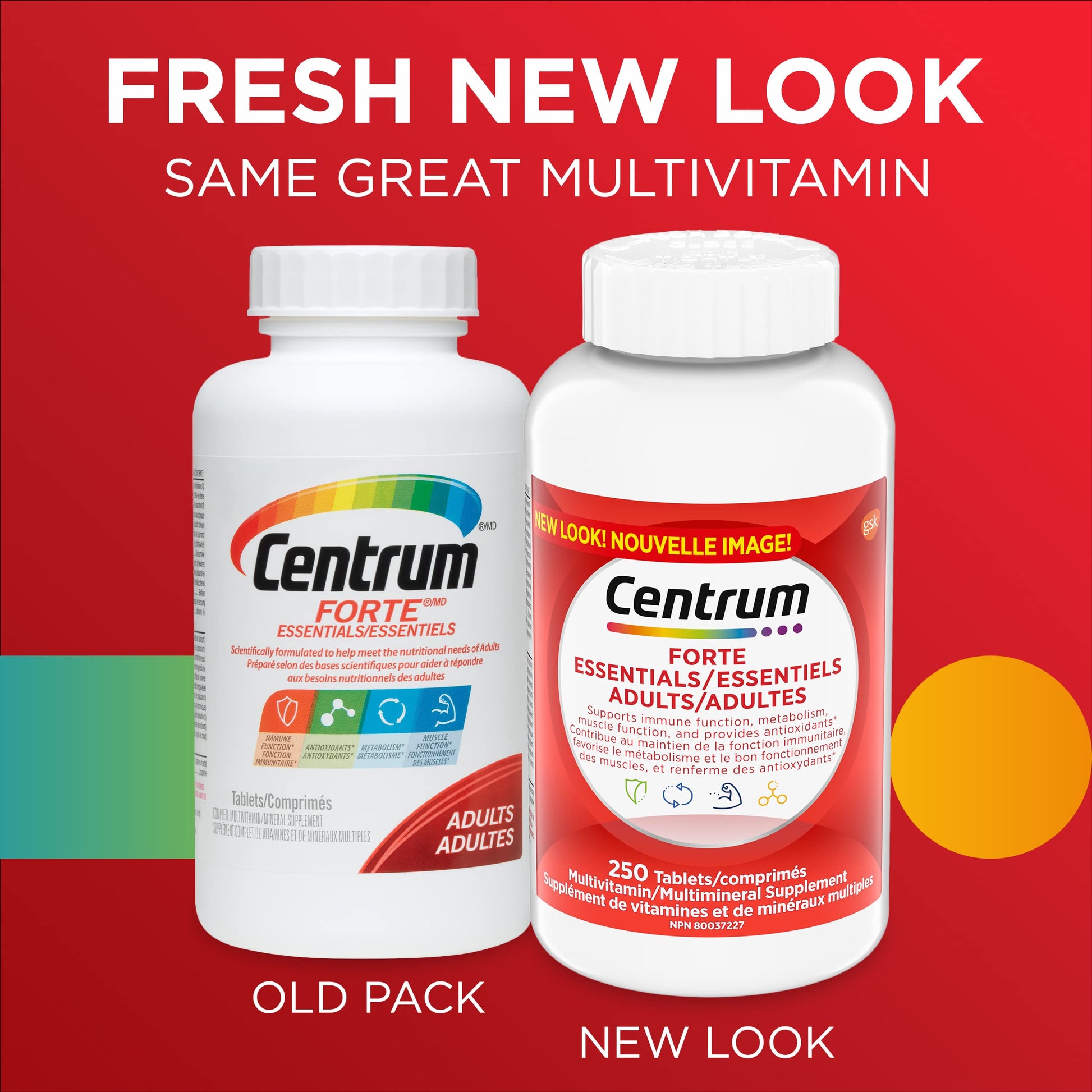 Centrum Adult Forte Essentials Mulitvitamins/Minerals Supplement for Men & Women, 250 Tablets (Packaging May Vary) Centrum