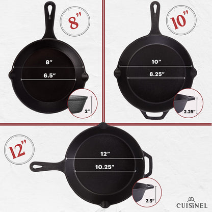 Cast Iron Skillet Set - 8" + 10" + 12"-Inch Pre-Seasoned Frying Pans + Silicone Handle Grip Covers - Indoor/Outdoor, Oven, Grill, Stovetop, BBQ, Fire and Induction Safe Kitchen and Camping Cookware Cuisinel