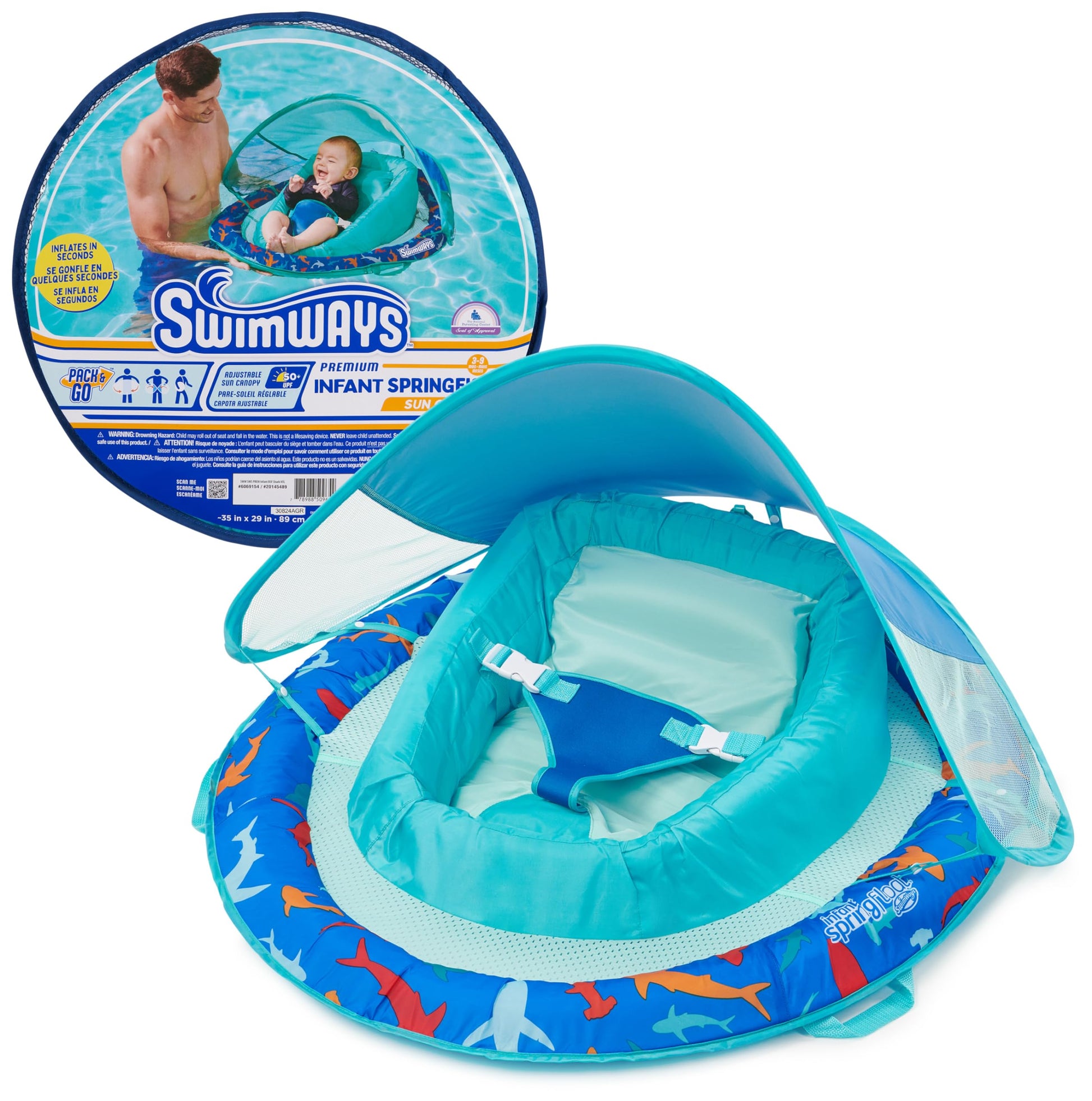 Swimways Infant Spring Float, Baby Pool Float with Canopy & UPF Protection, Swimming Pool Accessories for Kids 3-9 Months, Shark 🍁 All In One Marketplace Canada SwimWays