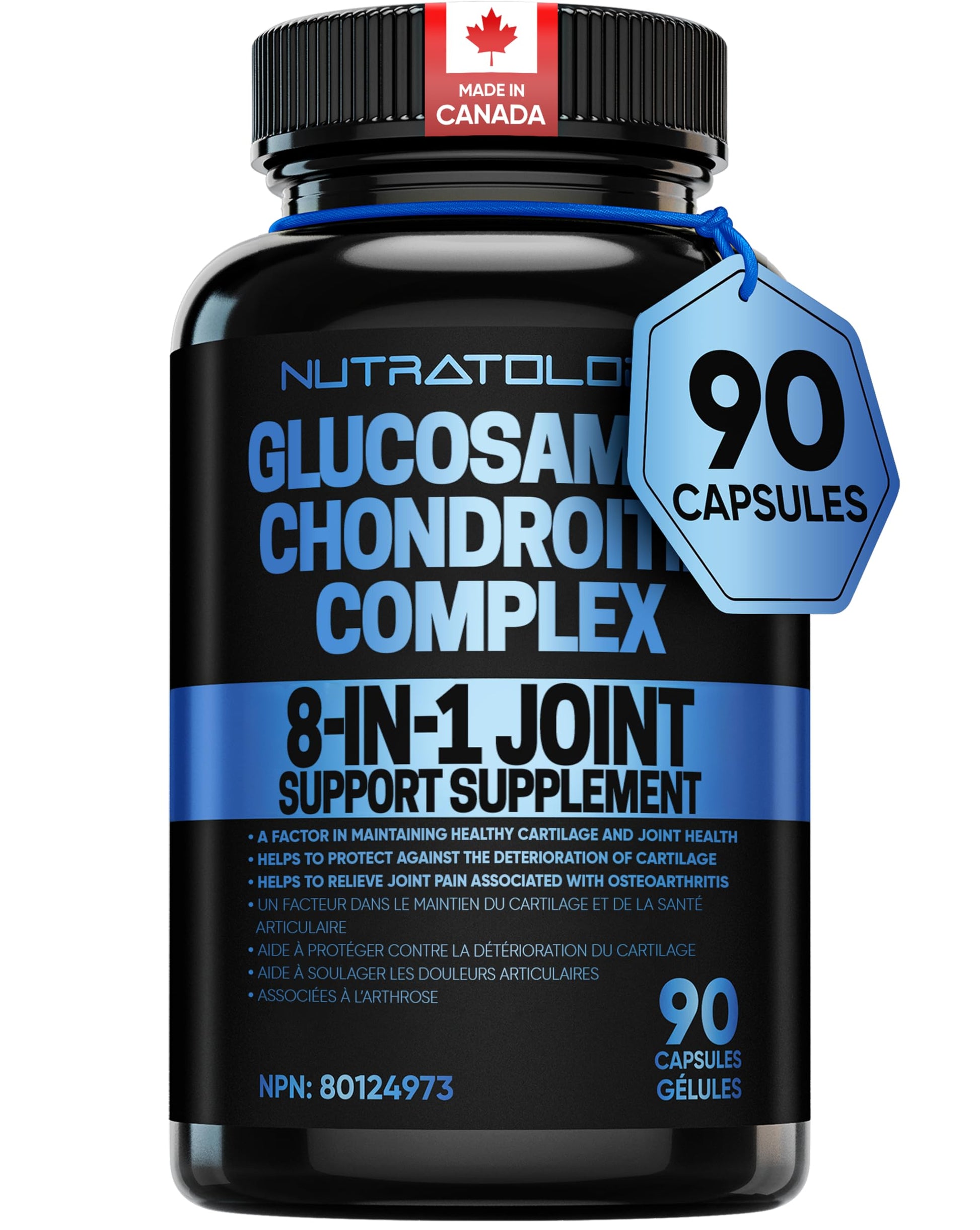 Nutratology® Glucosamine Joint Supplement with Chondroitin, MSM & Turmeric | Canadian-Made | Joint Pain Relief Supplements - 1500MG Glucosamine - Supports Healthy Joints & Cartilage - 90 Capsules - Available at All In One Marketplace Canada