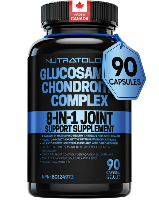 Nutratology® Glucosamine Joint Supplement with Chondroitin, MSM & Turmeric | Canadian-Made | Joint Pain Relief Supplements - 1500MG Glucosamine - Supports Healthy Joints & Cartilage - 90 Capsules - Available at All In One Marketplace Canada