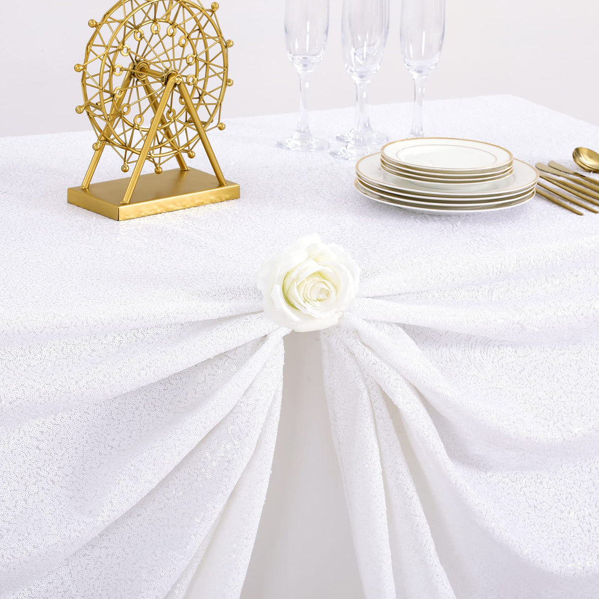 B-COOL Sequin Tablecloth White Wedding Table Decoration 90x90 Inch Sequin