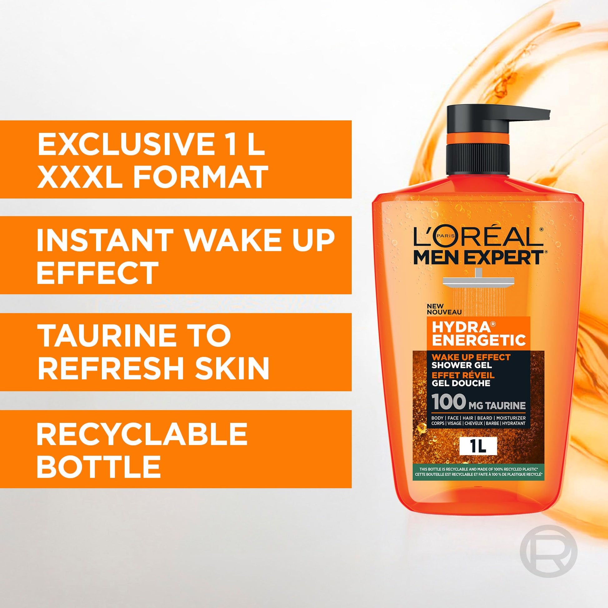 L'Oréal Paris Men Expert Hydra Energetic XXXL Shower Gel, Men's Taurine Body Wash for Body, Face, Hair & Beard, Energizing & Wake Up Effect, 1 Litre