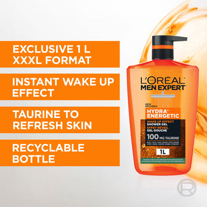 L'Oréal Paris Men Expert Hydra Energetic XXXL Shower Gel, Men's Taurine Body Wash for Body, Face, Hair & Beard, Energizing & Wake Up Effect, 1 Litre
