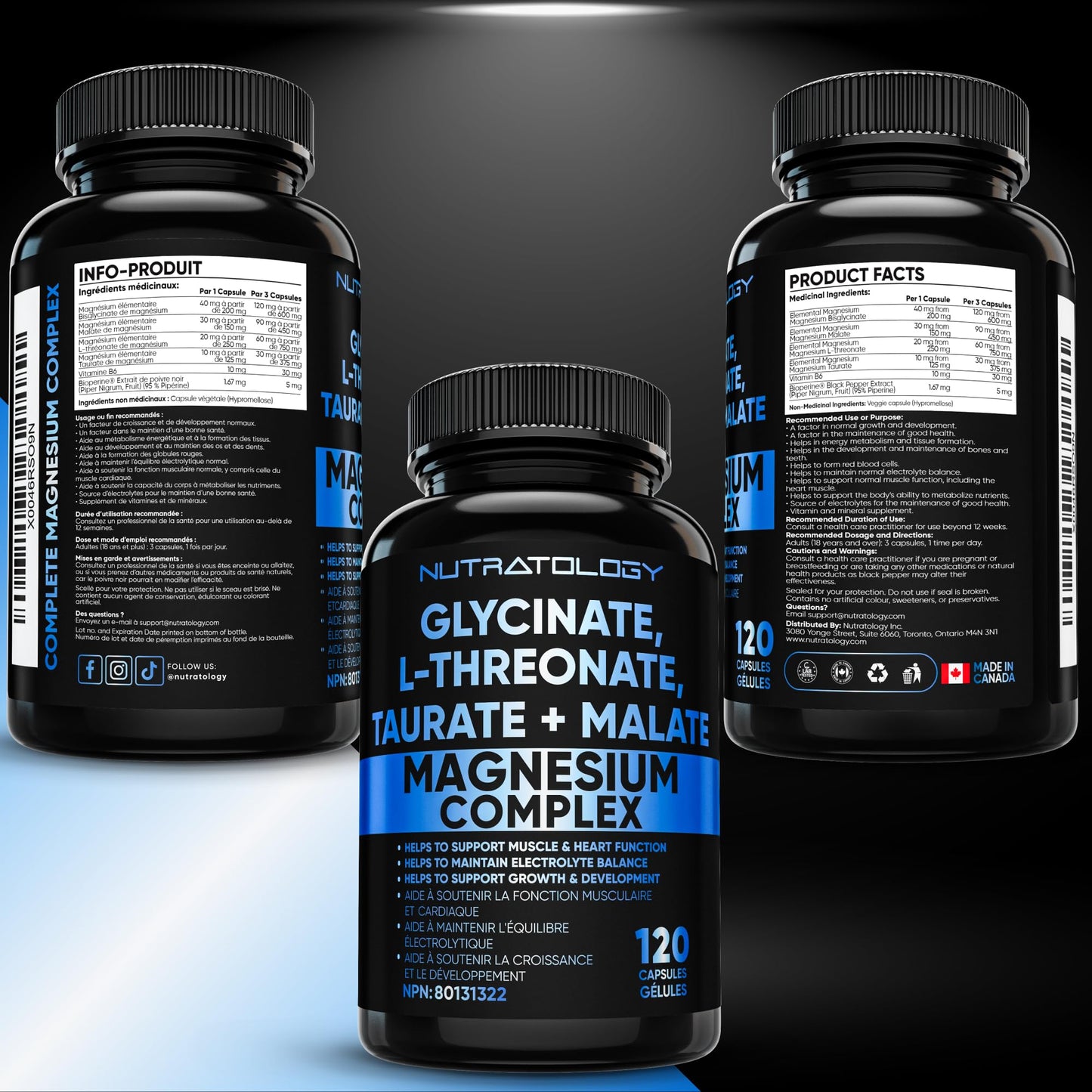 Nutratology Magnesium Complex - Glycinate, Malate, L-Threonate & Taurate With Vitamin B6 + Bioperine For Enhanced Absorption - Helps Support Healthy Bones, Muscles, Teeth & Heart - 100MG Elemental Magnesium Per Capsule - 120 Count - Available at All In One Marketplace Canada